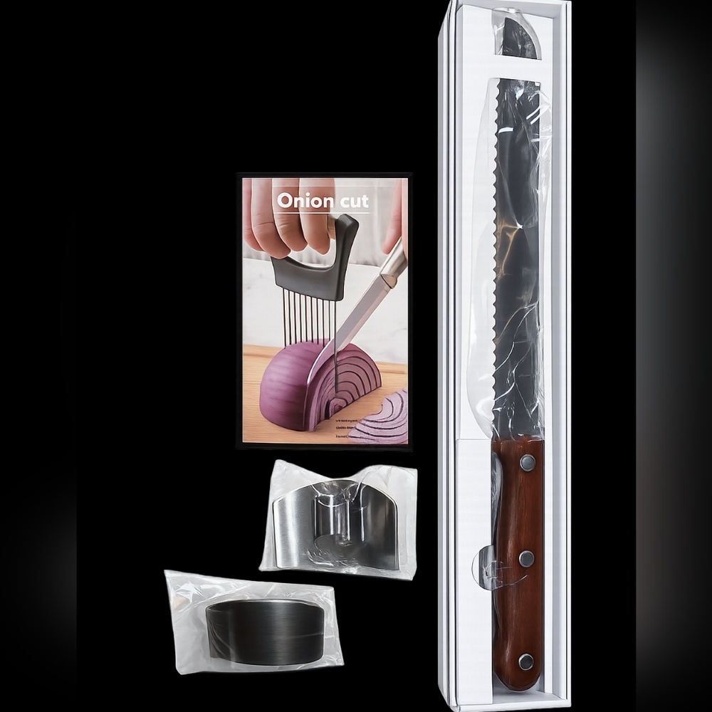 Stainless Steel Onion Holder, Finger Shields and Serrated Knife Set